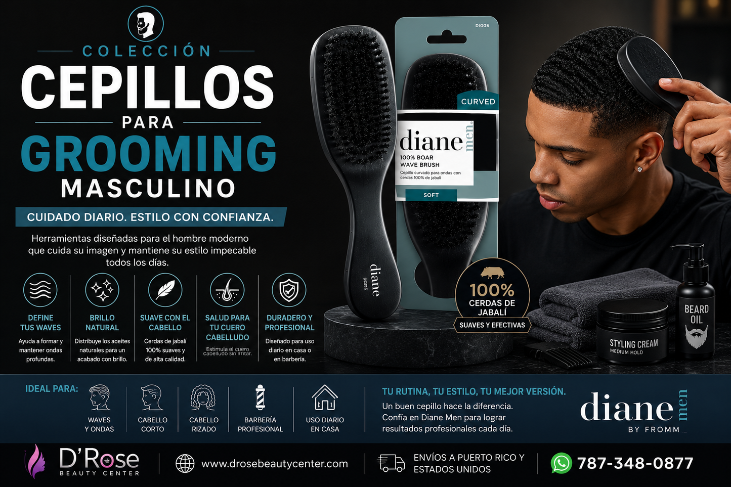 Diane Men 100% Boar Wave Brush Soft D1005 – Cepillo Curvo de Cerdas de Jabalí para Waves