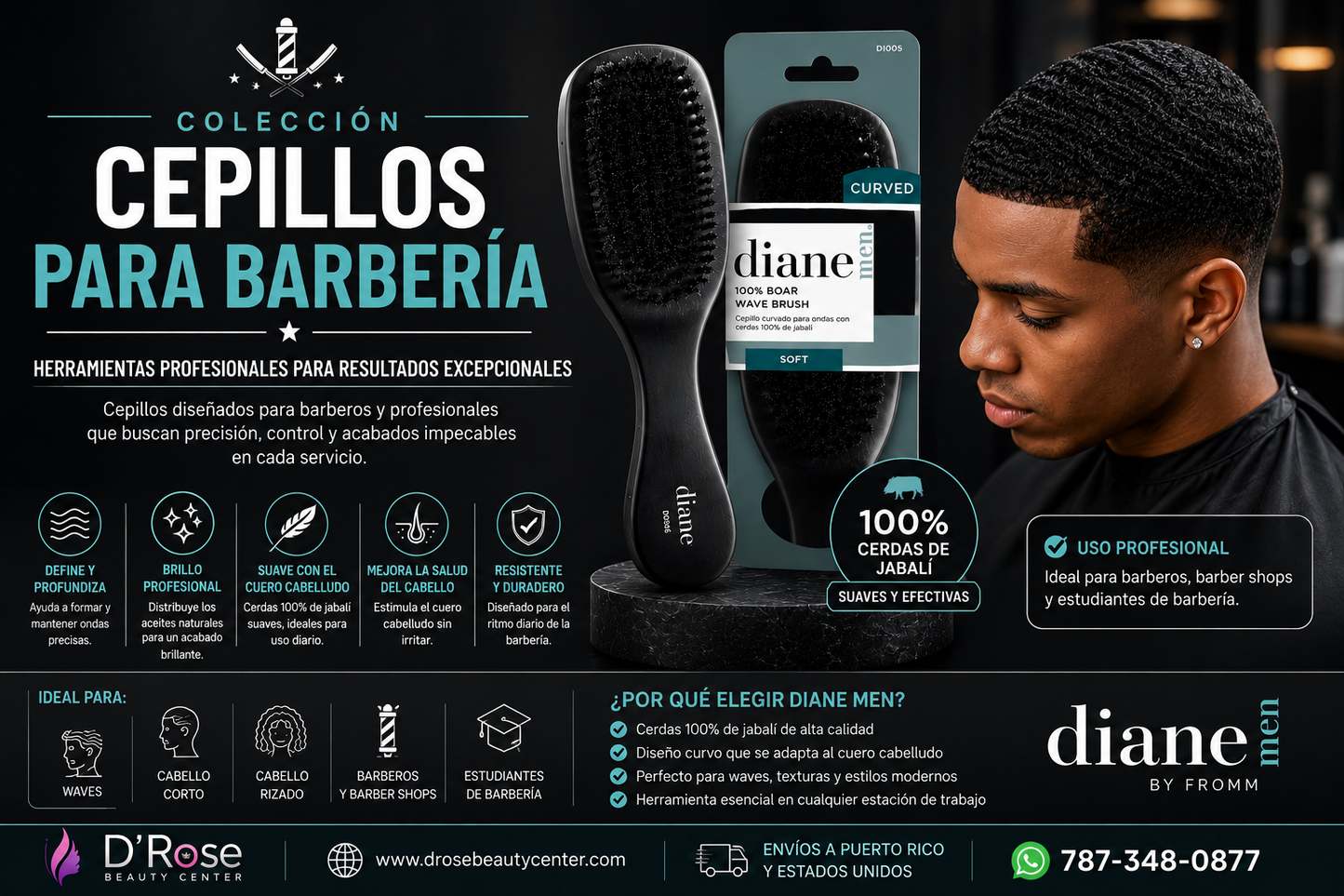 Diane Men 100% Boar Wave Brush Soft D1005 – Cepillo Curvo de Cerdas de Jabalí para Waves