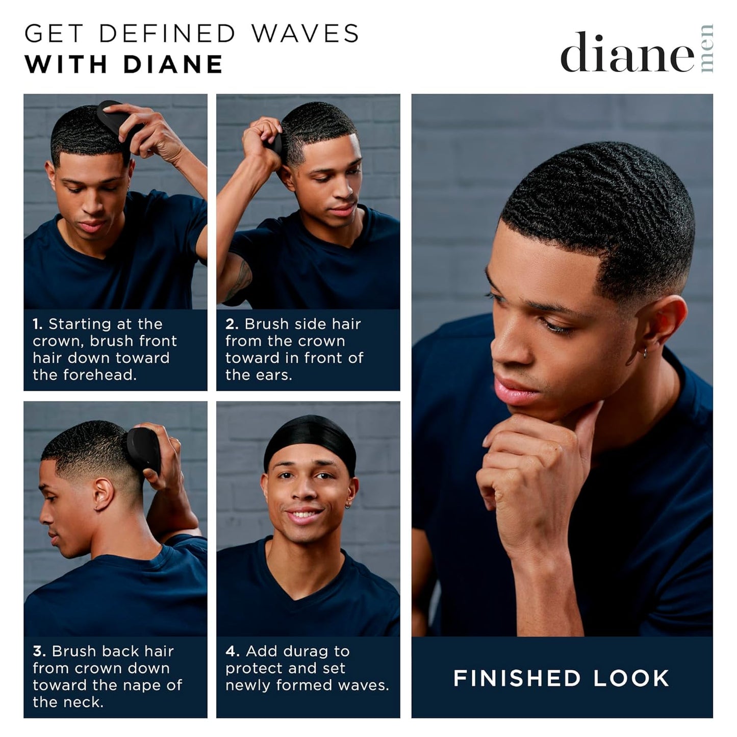 Diane Men 100% Boar Wave Brush Soft D1005 – Cepillo Curvo de Cerdas de Jabalí para Waves