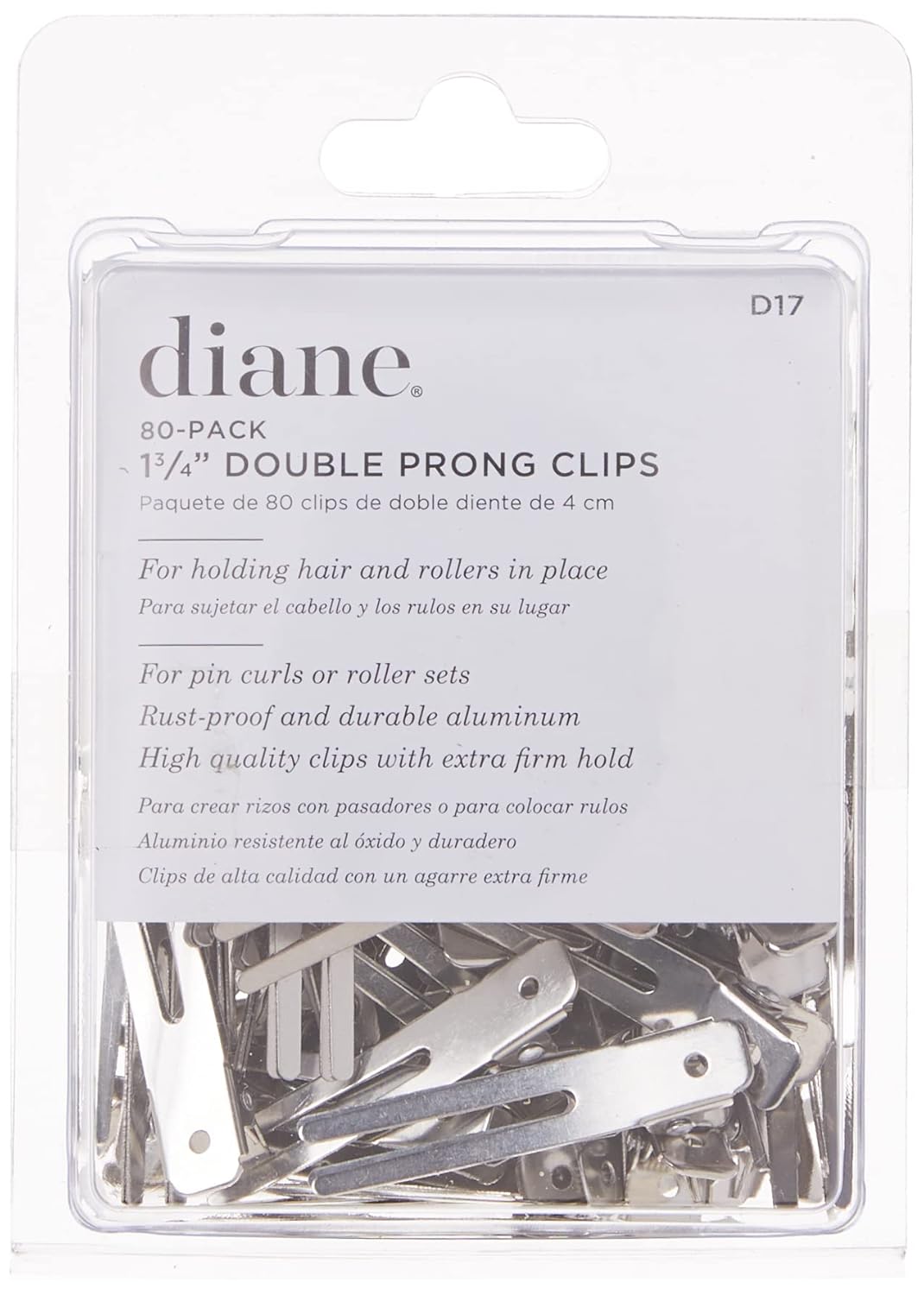 Diane Double Prong Clips 80-Pack 1¾” D17 – Clips Metálicos Profesionales para Sujetar Cabello y Rulos