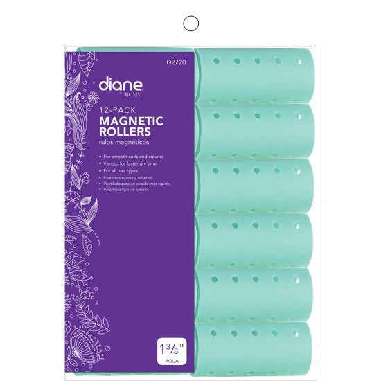 DIANE 12-Pack Magnetic Rollers 1 3/8” Aqua D2720 – Rulos Magnéticos para Volumen, Rizos y Marcado Profesional