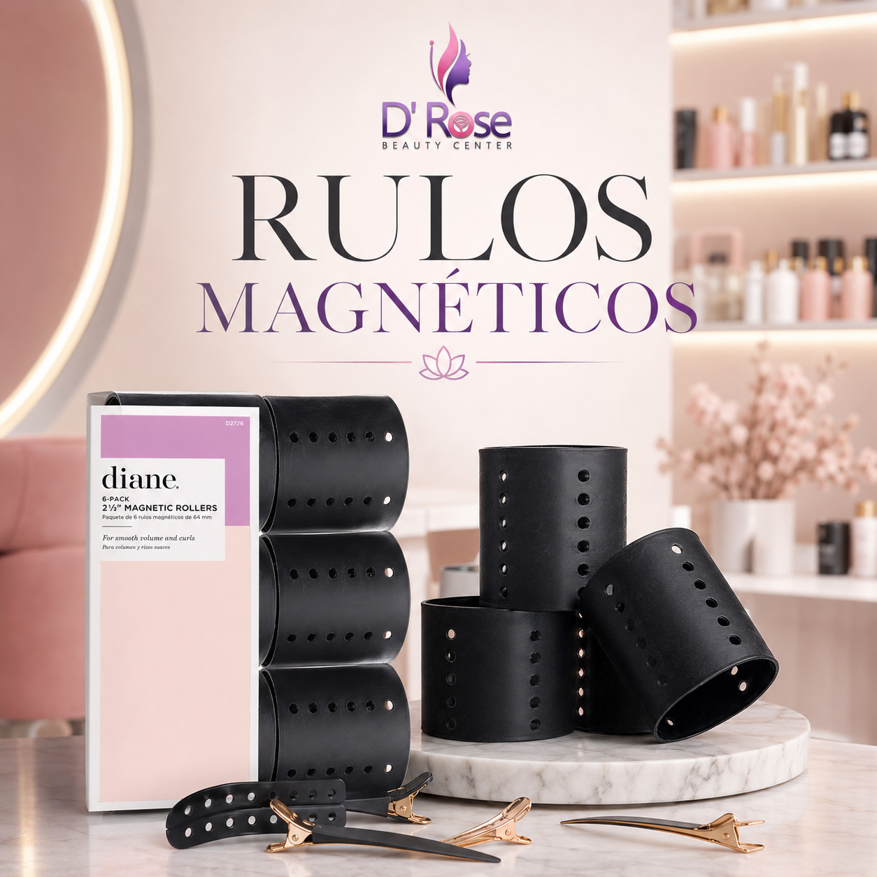 DIANE 6-Pack Magnetic Rollers 2½” D2726 – Rulos Magnéticos para Volumen, Rizos Suaves y Secado Rápido