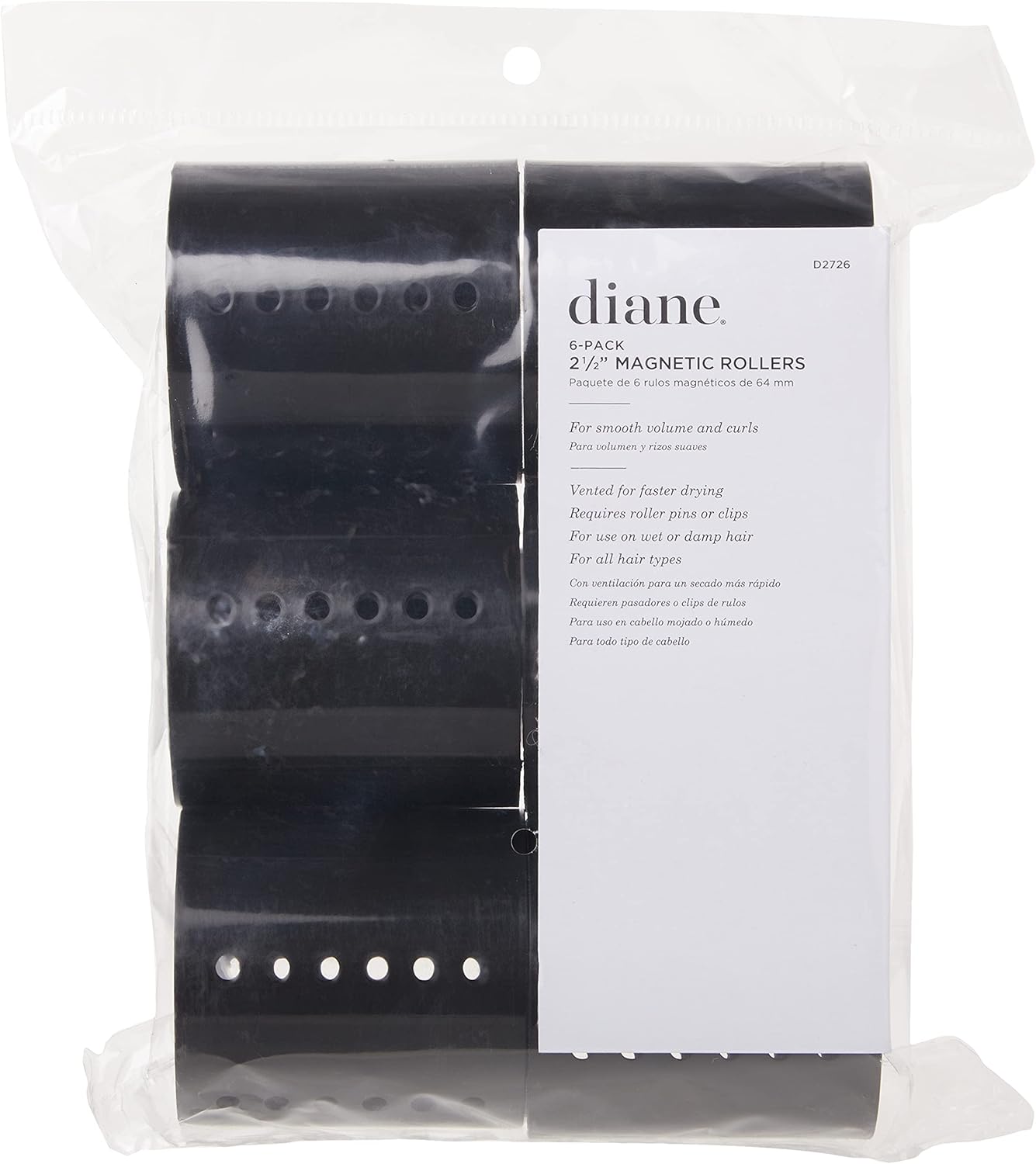 DIANE 6-Pack Magnetic Rollers 2½” D2726 – Rulos Magnéticos para Volumen, Rizos Suaves y Secado Rápido