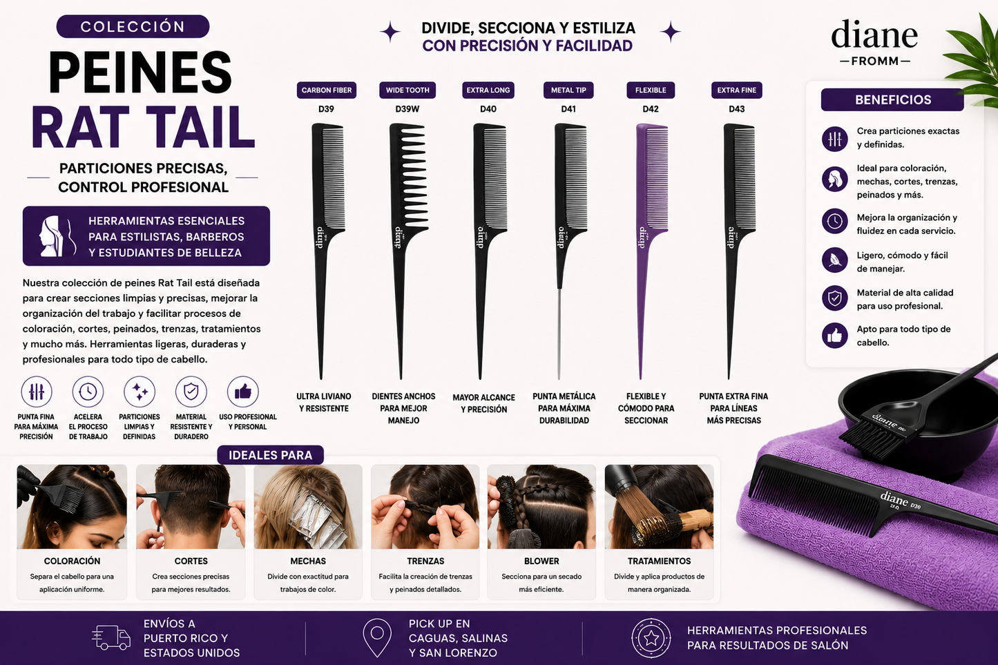 Diane Wide Tooth Rat Tail Comb 11 ½” D39
