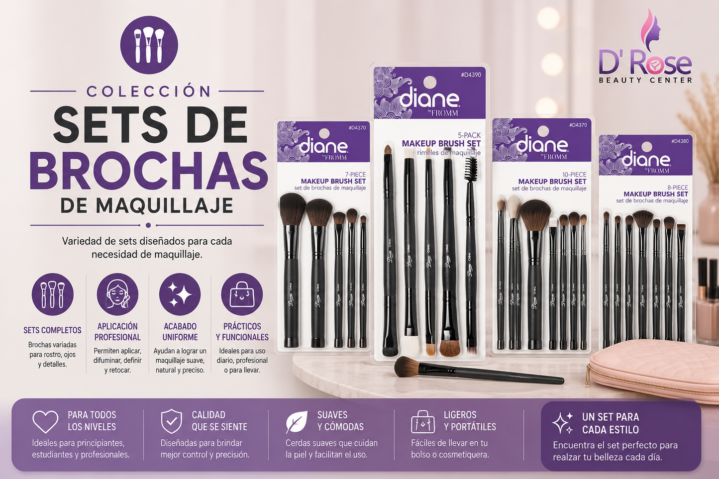 Diane Makeup Brush Set 5-Pack D4390 – Set de 5 Brochas de Maquillaje para Ojos, Rostro y Retoques
