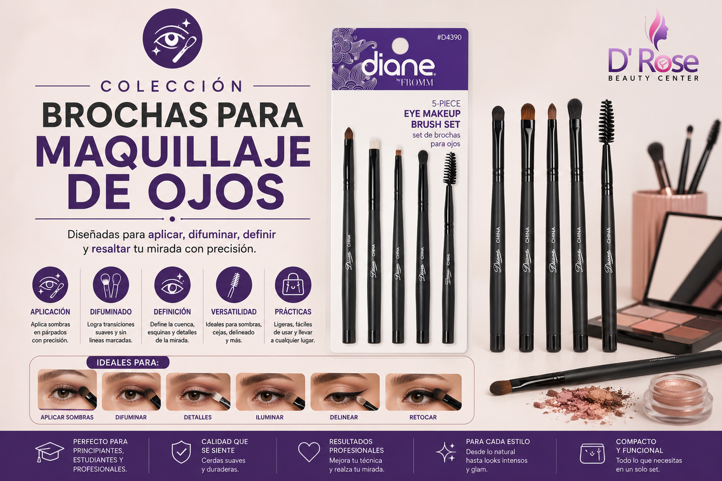 Diane Makeup Brush Set 5-Pack D4390 – Set de 5 Brochas de Maquillaje para Ojos, Rostro y Retoques