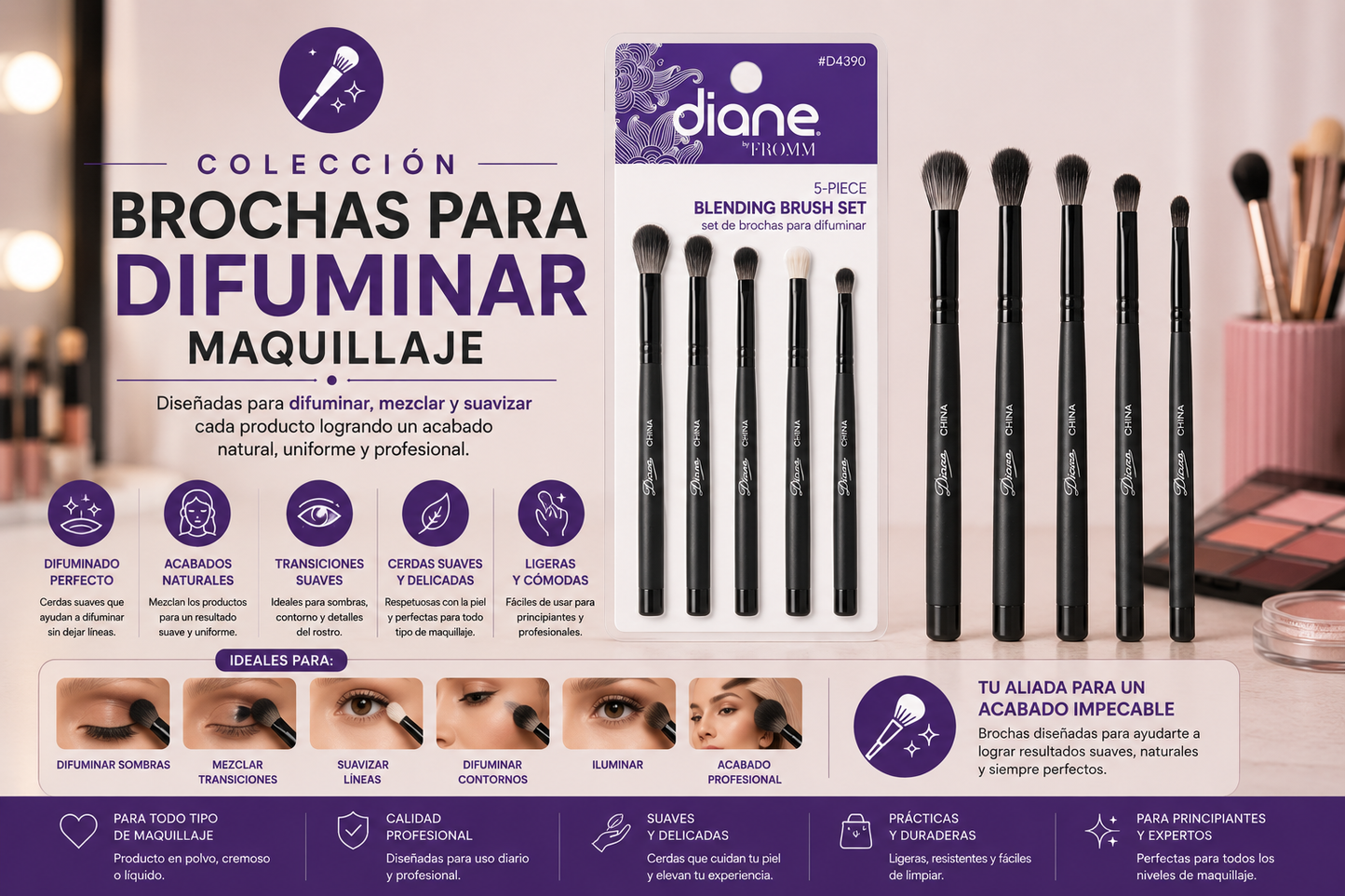 Diane Makeup Brush Set 5-Pack D4390 – Set de 5 Brochas de Maquillaje para Ojos, Rostro y Retoques