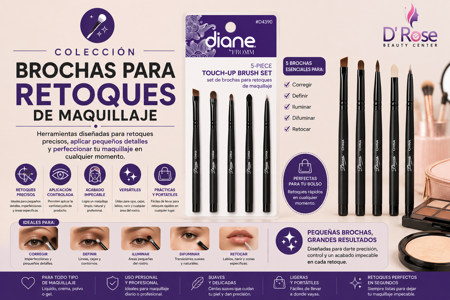Diane Makeup Brush Set 5-Pack D4390 – Set de 5 Brochas de Maquillaje para Ojos, Rostro y Retoques