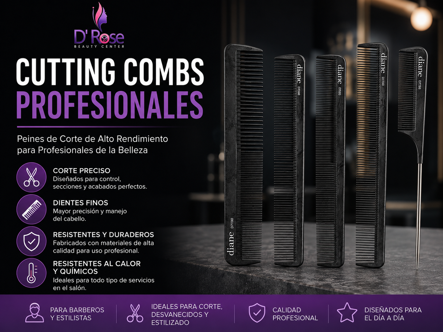 Diane Carbon Basin Comb 8½” D7131 Peine Profesional de Carbón
