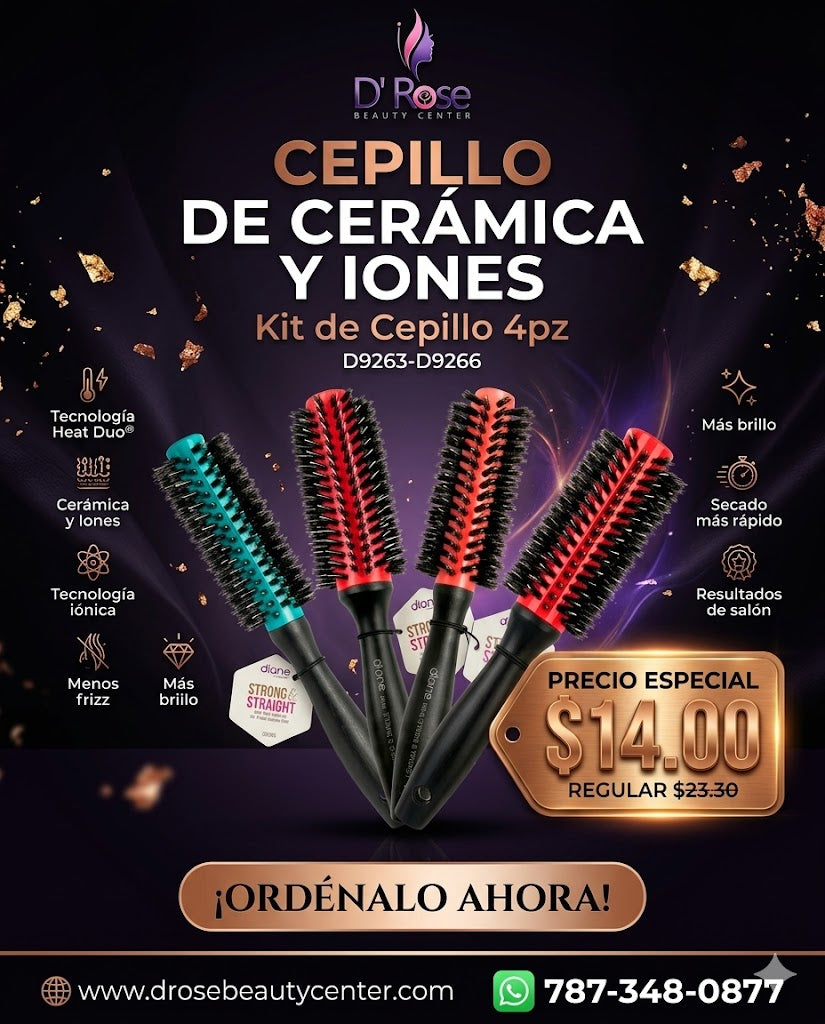 Diane Thermal Porcupine Round Brush Kit 4 PZ D9263–D9266 Strong & Straight para Cabello Grueso y Blowouts Profesionales