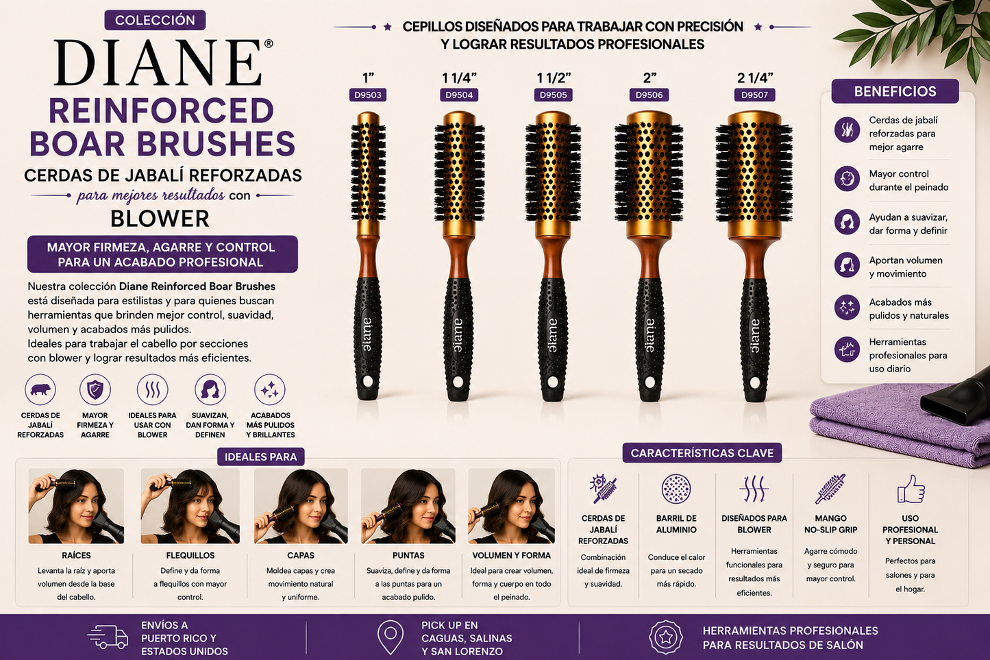 Diane Thermal Reinforced Boar Brush 1 ¾” D9506 para Secado Rápido, Agarre Firme y Styling Profesional