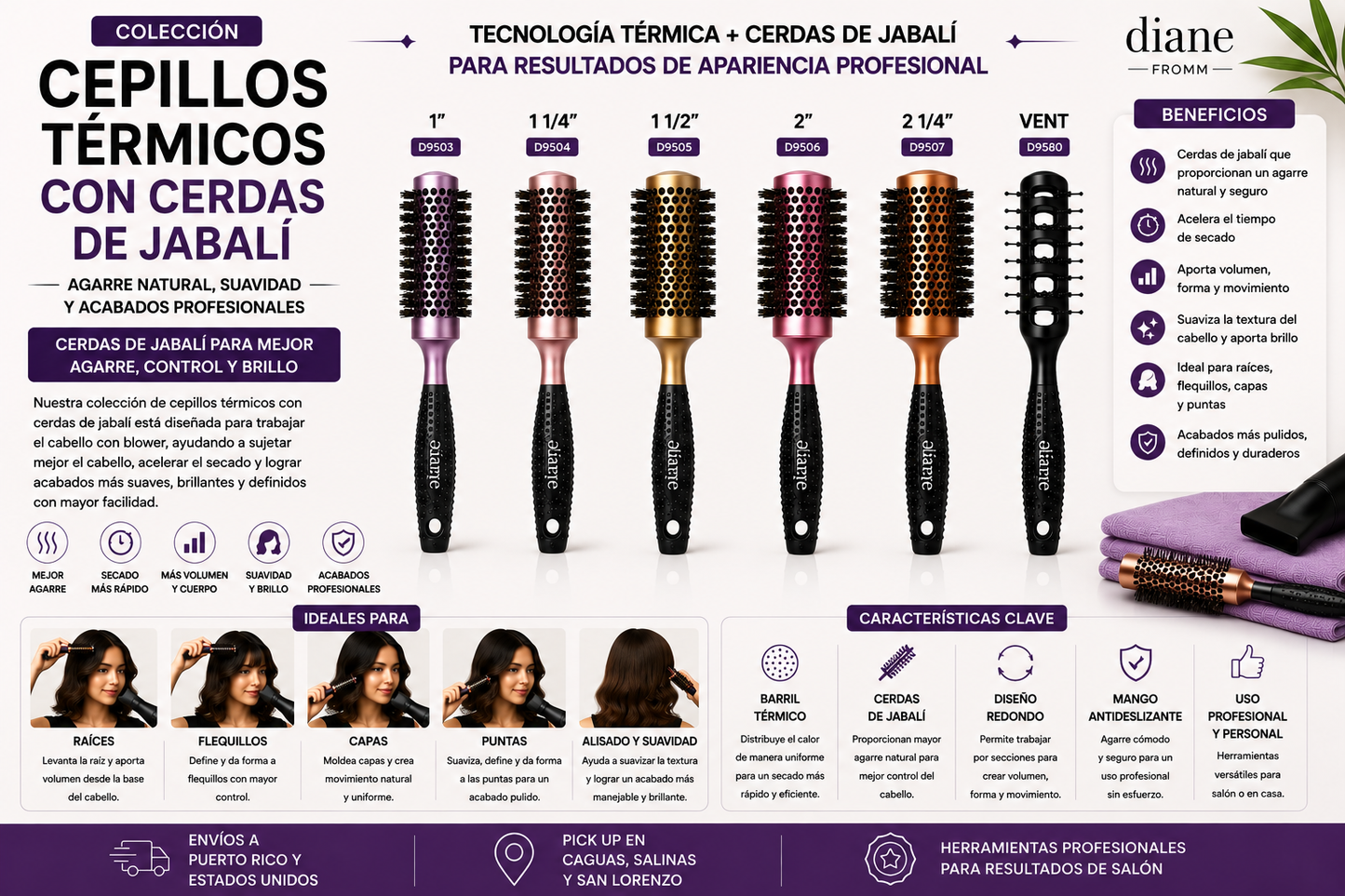 Diane Thermal Reinforced Boar Brush 1 ¾” D9506 para Secado Rápido, Agarre Firme y Styling Profesional