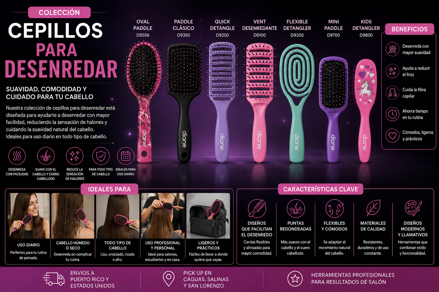 Diane Pink Crackle Styling Brush D9558 para Desenredar, Peinar y Estilizar Todo Tipo de Cabello