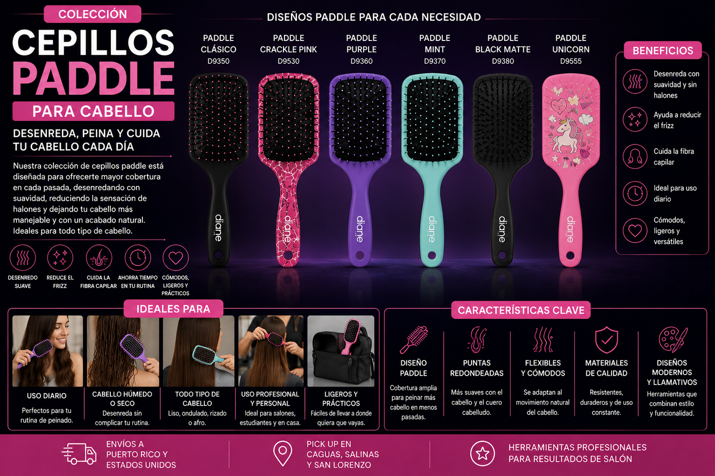 Diane Black and Silver Square Paddle Brush D9085 para Desenredar Todo Tipo de Cabello