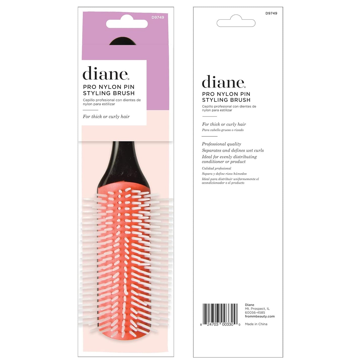 Diane Pro Nylon Pin Styling Brush D9749 – Cepillo Profesional con Dientes de Nylon para Cabello Grueso o Rizado