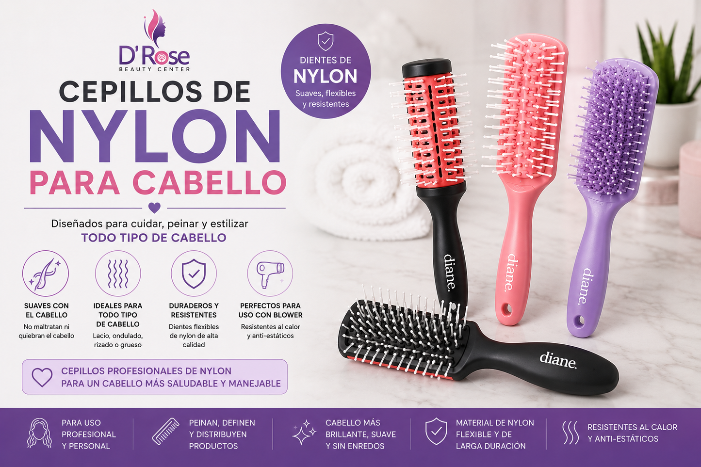 Diane Pro Nylon Pin Styling Brush D9749 – Cepillo Profesional con Dientes de Nylon para Cabello Grueso o Rizado