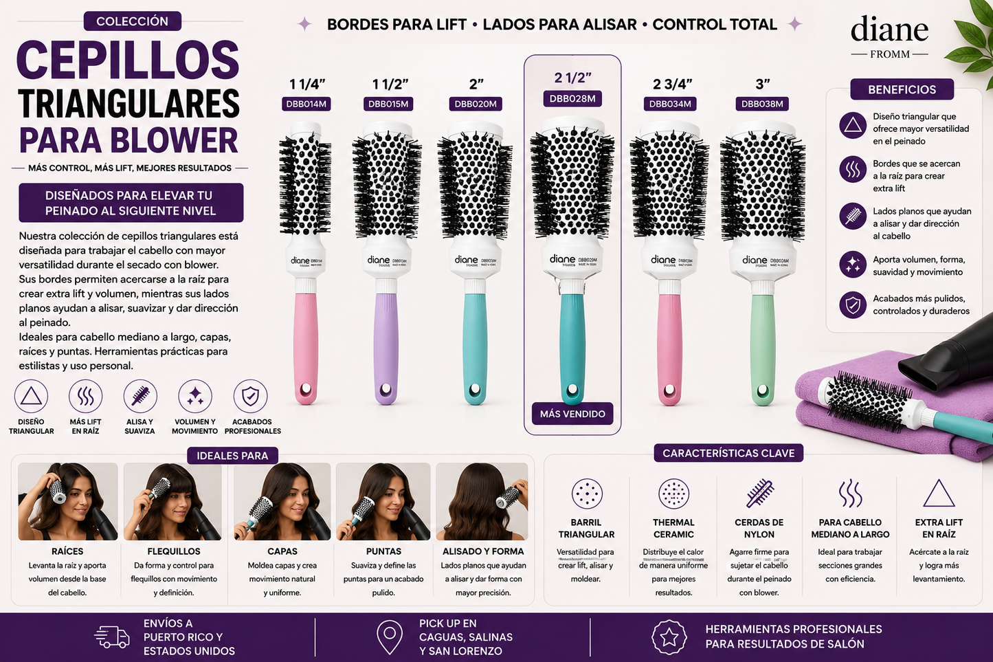 Diane Triangle Barrel Brush 2” DBB028S Thermal Ceramic para Blower, Volumen y Alisado