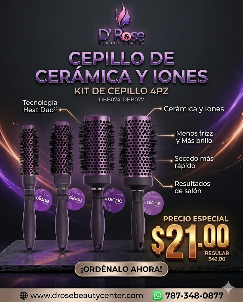 Diane Square Round Ceramic X Ionic Thermal Brush Kit 4 PZ DBB074–DBB077 para Blowouts con Volumen, Menos Frizz y Más Brillo