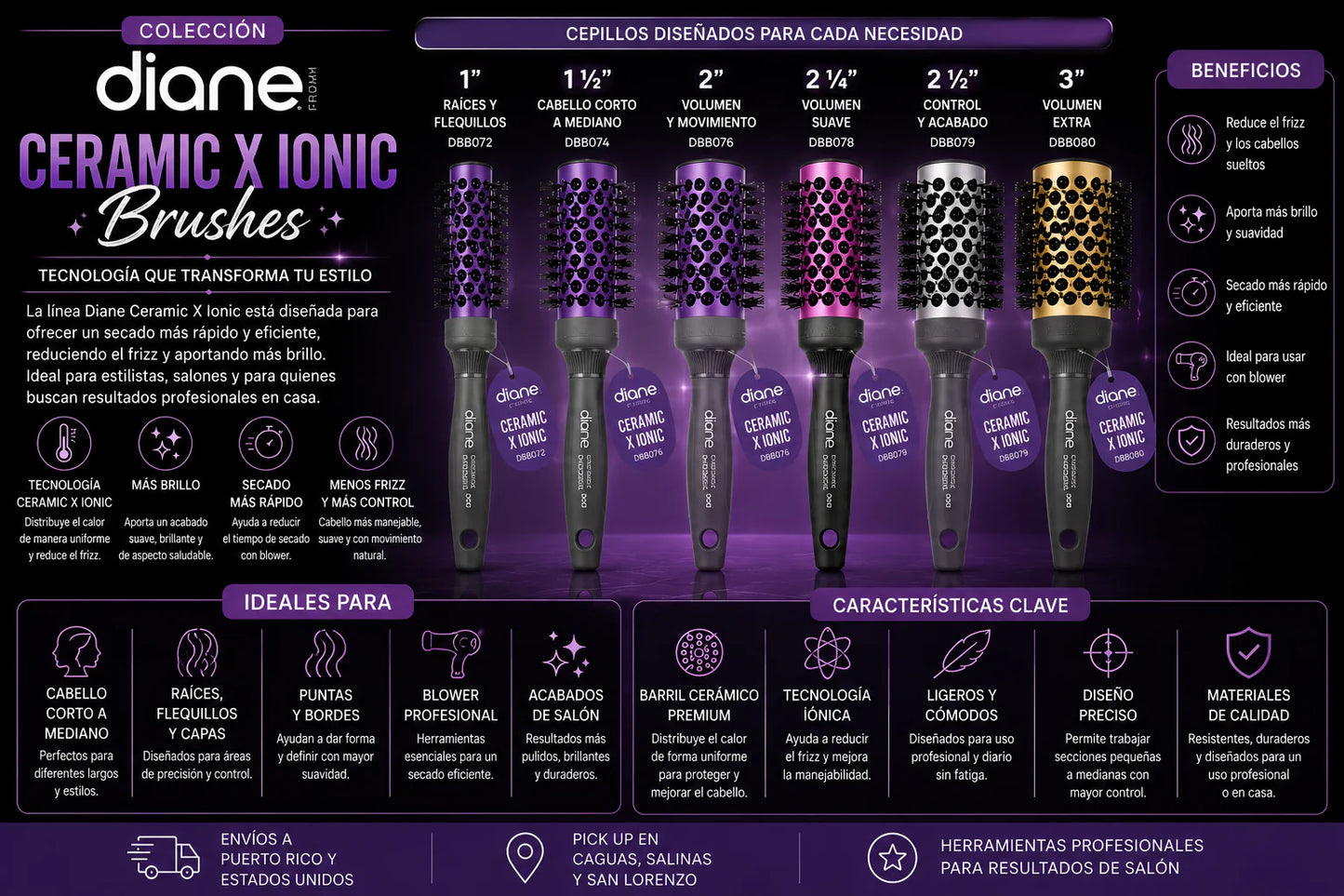 Diane Square Round Ceramic X Ionic Thermal Brush 1 ½” DBB074 para Blowouts con Menos Frizz y Más Brillo