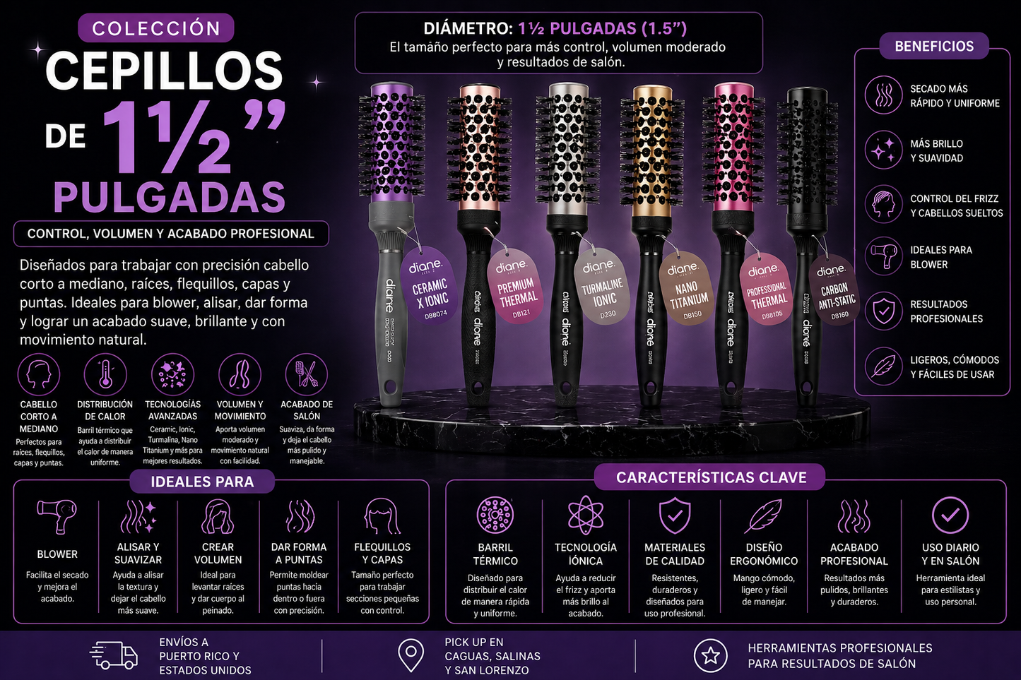 Diane Square Round Ceramic X Ionic Thermal Brush 1 ½” DBB074 para Blowouts con Menos Frizz y Más Brillo