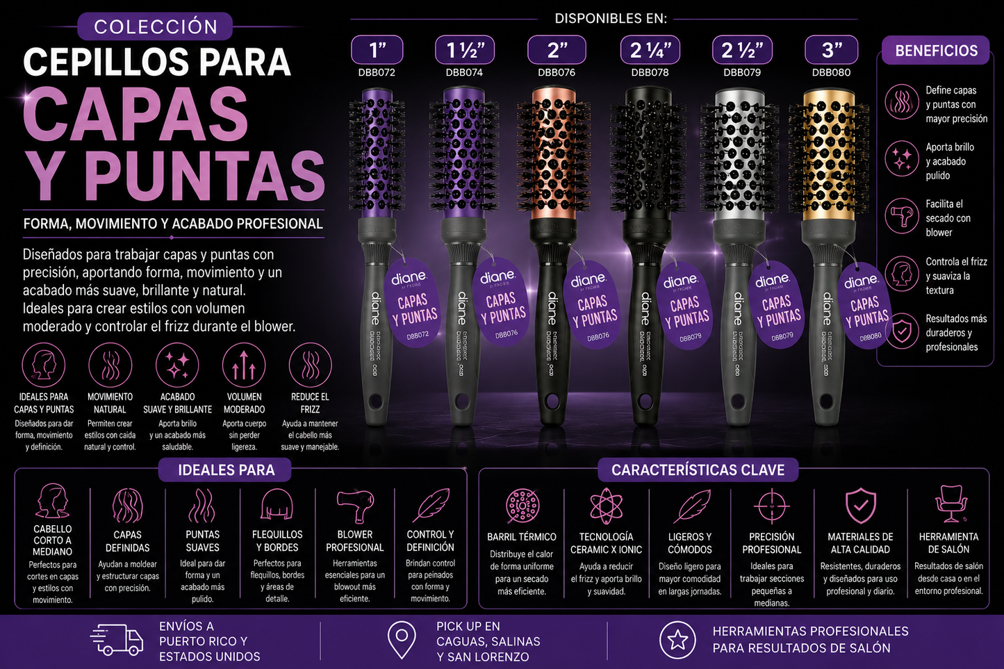 Diane Square Round Ceramic X Ionic Thermal Brush 1 ½” DBB074 para Blowouts con Menos Frizz y Más Brillo