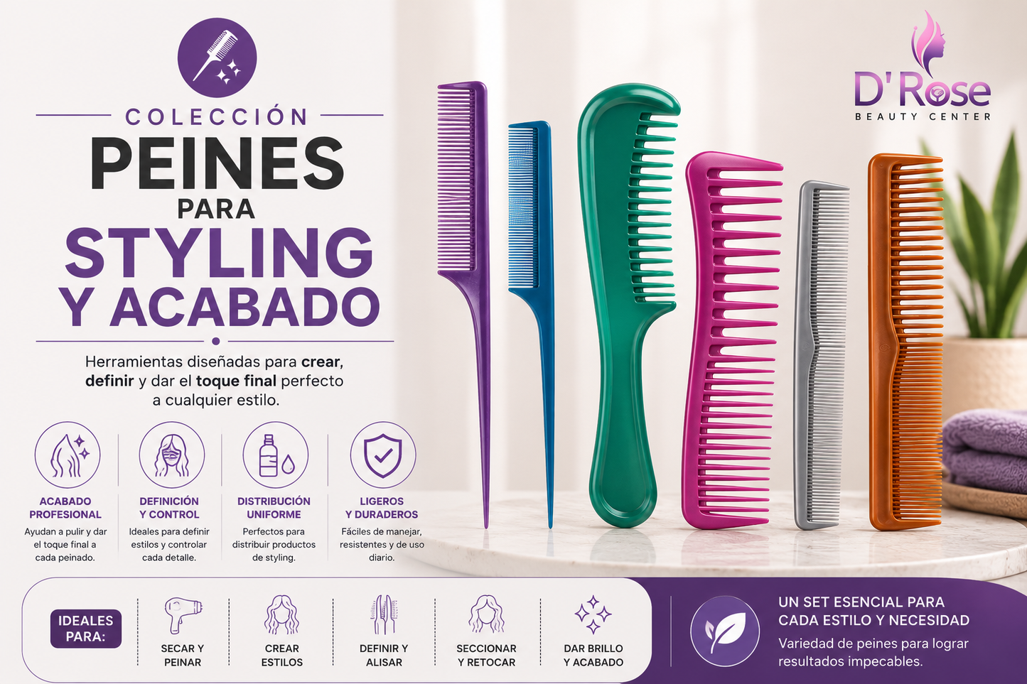 Diane Assorted Comb Set 6-Pack DBC047 – Set de 6 Peines Surtidos para Desenredar, Peinar y Estilizar