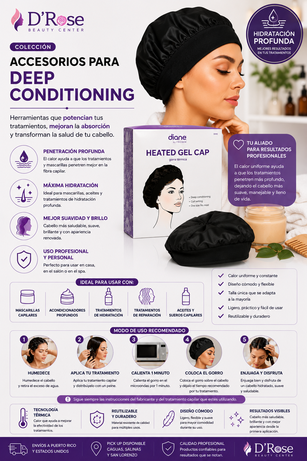 ✨ Diane Heated Gel Cap DHH012 – Gorro Térmico para Tratamientos Capilares, Deep Conditioning y Rutinas de Cuidado del Cabello