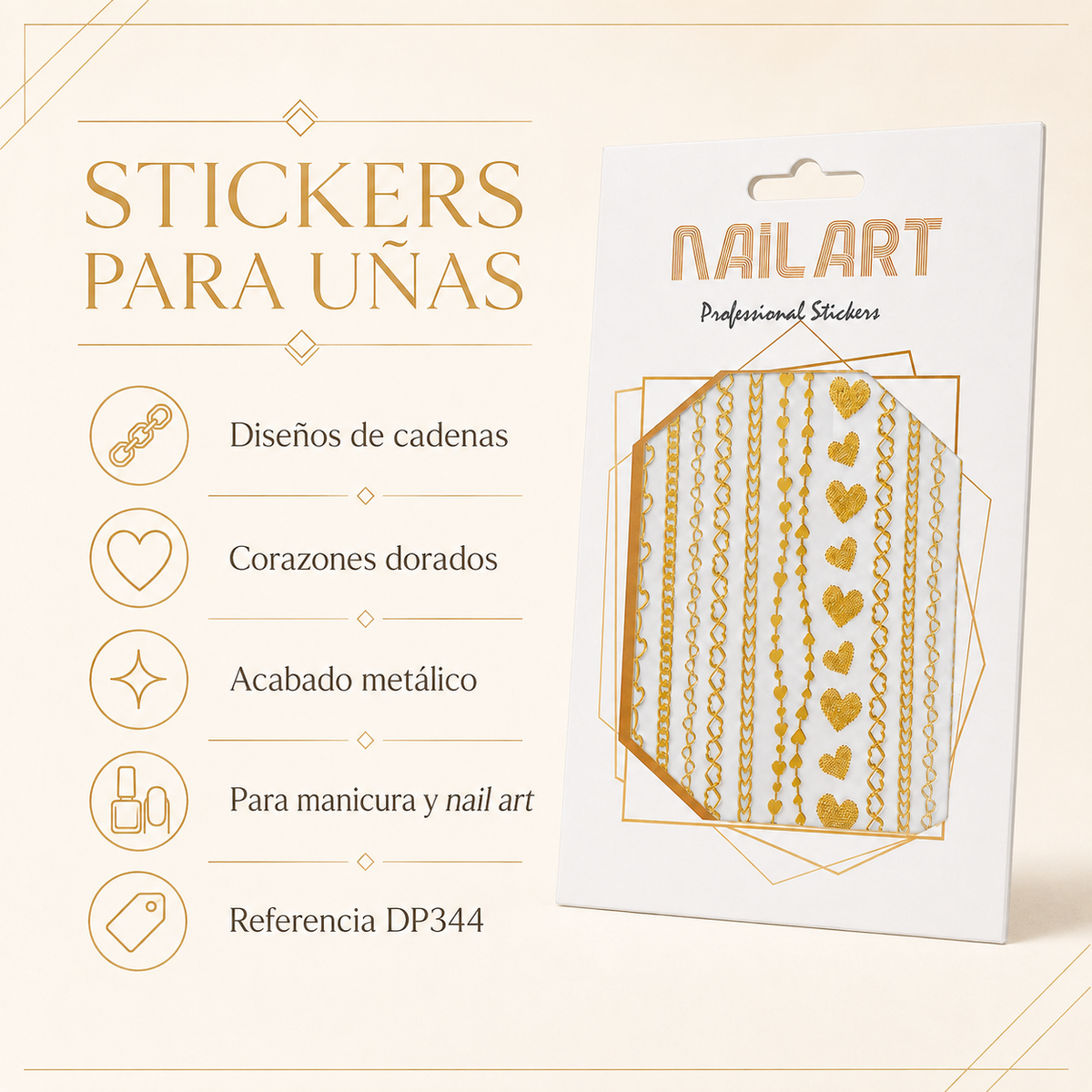 Nail Art Professional Stickers DP344 – Cadenas y Corazones Dorados