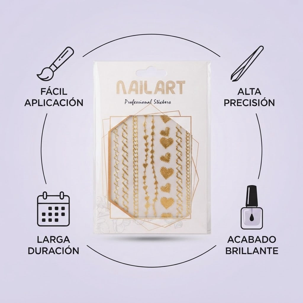 Nail Art Professional Stickers DP344 – Cadenas y Corazones Dorados