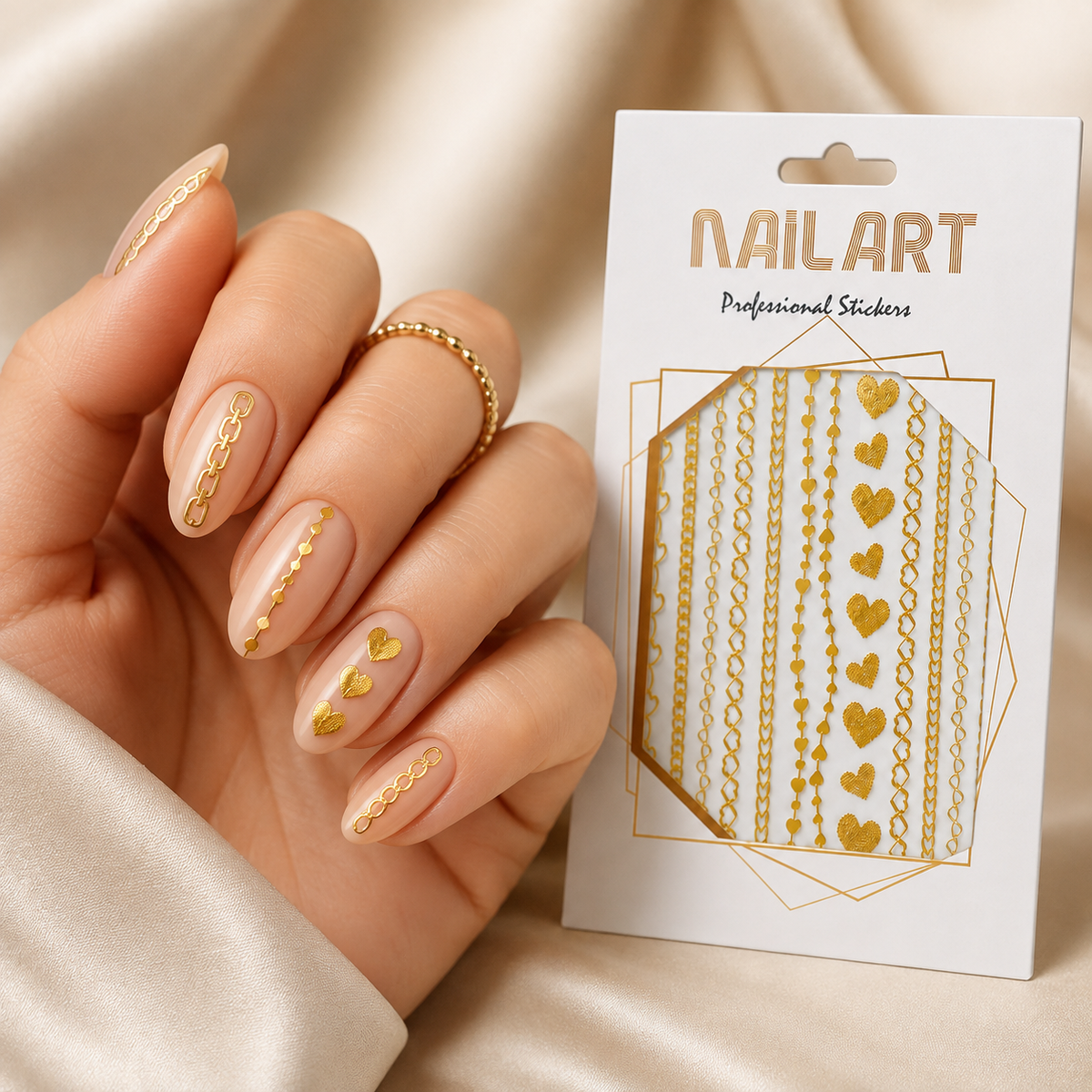 Nail Art Professional Stickers DP344 – Cadenas y Corazones Dorados