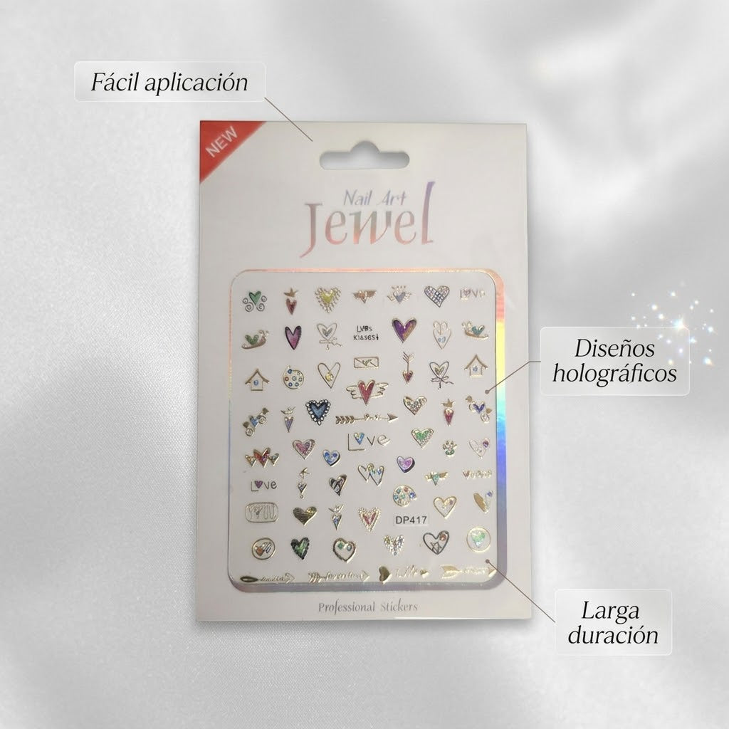Nail Art Jewel Professional Stickers DP417 – Diseños Románticos Holográficos