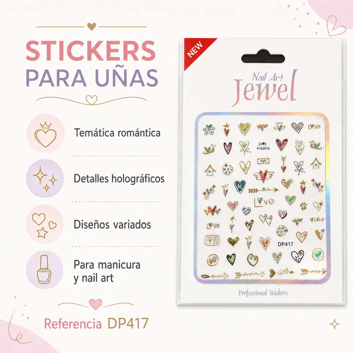 Nail Art Jewel Professional Stickers DP417 – Diseños Románticos Holográficos