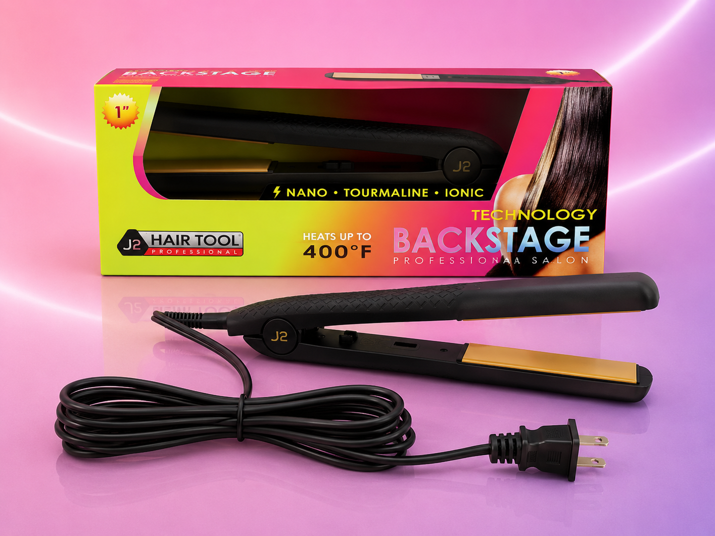 J2 Hair Tool Backstage Plancha Nano Tourmaline Ionic 1” 400°F DRE2104