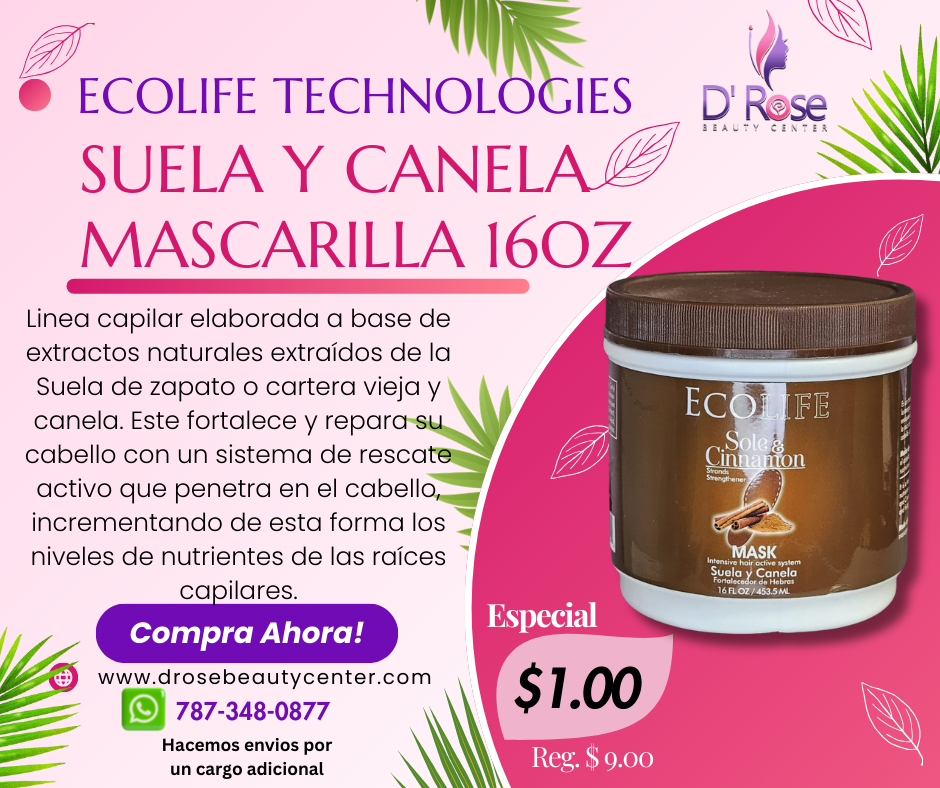 ECOLIFE TECHNOLOGIES SUELA Y CANELA MASCARILLA 16OZ ESCM16