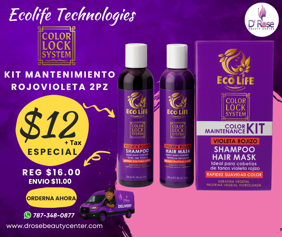 ✨ ECOLIFE TECHNOLOGIES – COLOR LOCK SYSTEM KIT MANTENIMIENTO DE COLOR ROJO / VIOLETA ROJIZO – 2 PIEZAS (8oz)