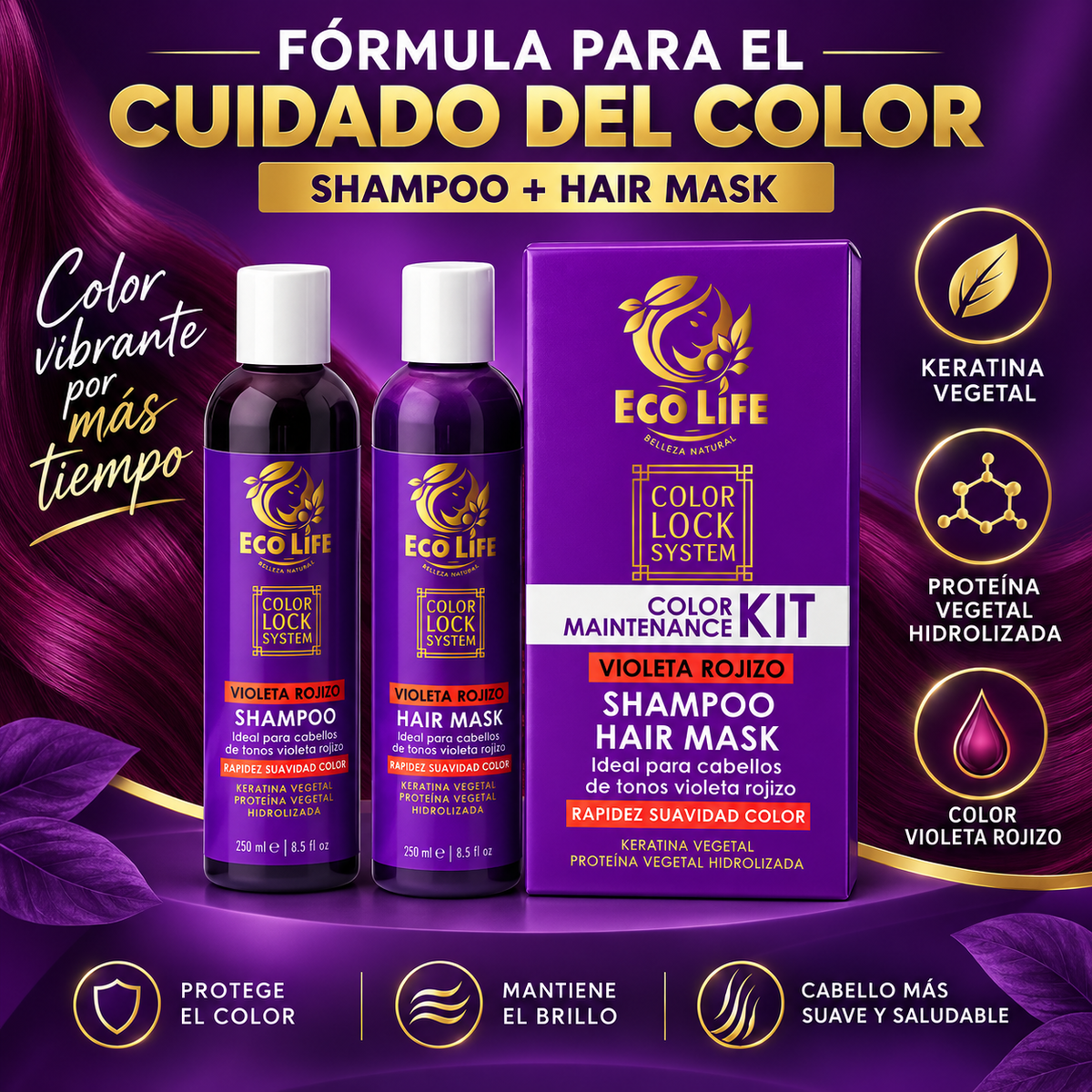 Ecolife Color Lock System Kit Violeta Rojizo Shampoo y Mascarilla – 2 Piezas