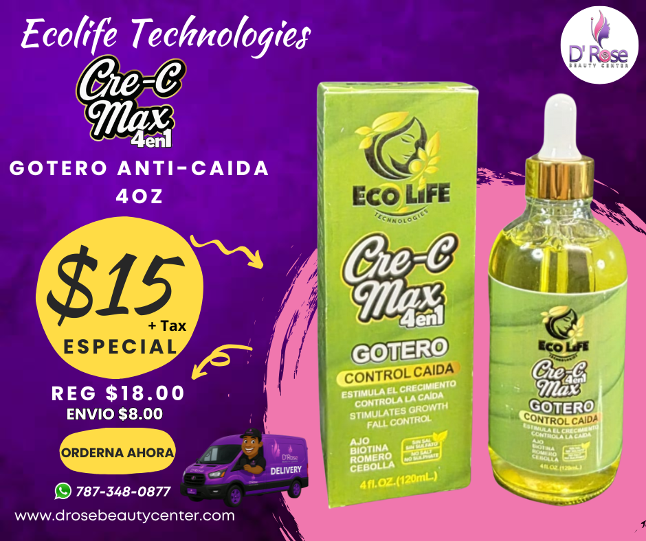 💚 Ecolife Technologies Cre-C Max 4 en 1 Gotero Anticaída 4 oz (ETCM4N1GA) – Estimula el Crecimiento y Fortalece el Cabello
