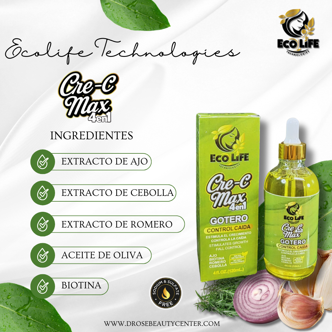 💚 Ecolife Technologies Cre-C Max 4 en 1 Gotero Anticaída 4 oz (ETCM4N1GA) – Estimula el Crecimiento y Fortalece el Cabello