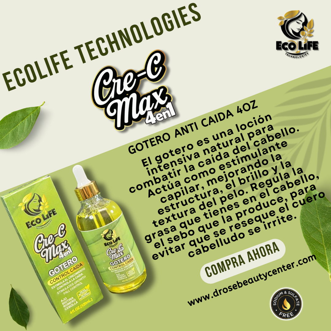 💚 Ecolife Technologies Cre-C Max 4 en 1 Gotero Anticaída 4 oz (ETCM4N1GA) – Estimula el Crecimiento y Fortalece el Cabello