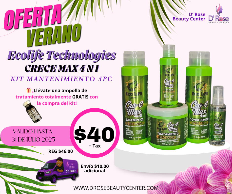 🌿 ECOLIFE TECHNOLOGIES Cre-C Max 4 en 1 – Kit Mantenimiento Capilar 5 Piezas