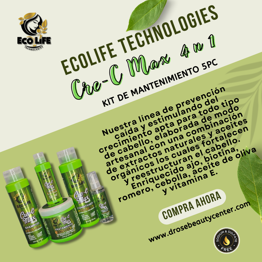 🌿 ECOLIFE TECHNOLOGIES Cre-C Max 4 en 1 – Kit Mantenimiento Capilar 5 Piezas