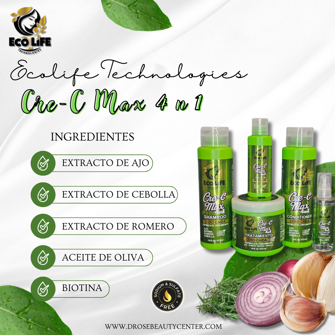 🌿 ECOLIFE TECHNOLOGIES Cre-C Max 4 en 1 – Kit Mantenimiento Capilar 5 Piezas