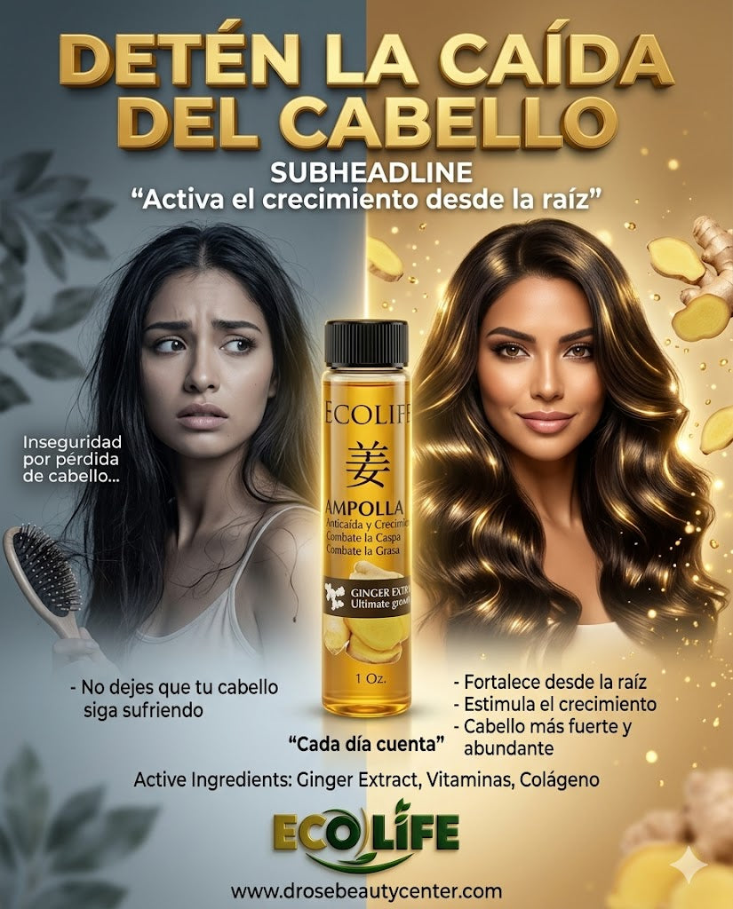 🌿🔥 AMPOLLA ANTICAÍDA ECOLIFE GINGER EXTRACT 1oz – CRECIMIENTO ACELERADO + FORTALECIMIENTO DESDE LA RAÍZ 💆‍♀️✨