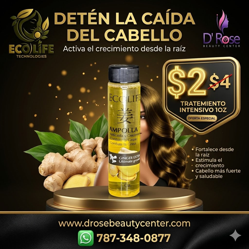 🌿🔥 AMPOLLA ANTICAÍDA ECOLIFE GINGER EXTRACT 1oz – CRECIMIENTO ACELERADO + FORTALECIMIENTO DESDE LA RAÍZ 💆‍♀️✨
