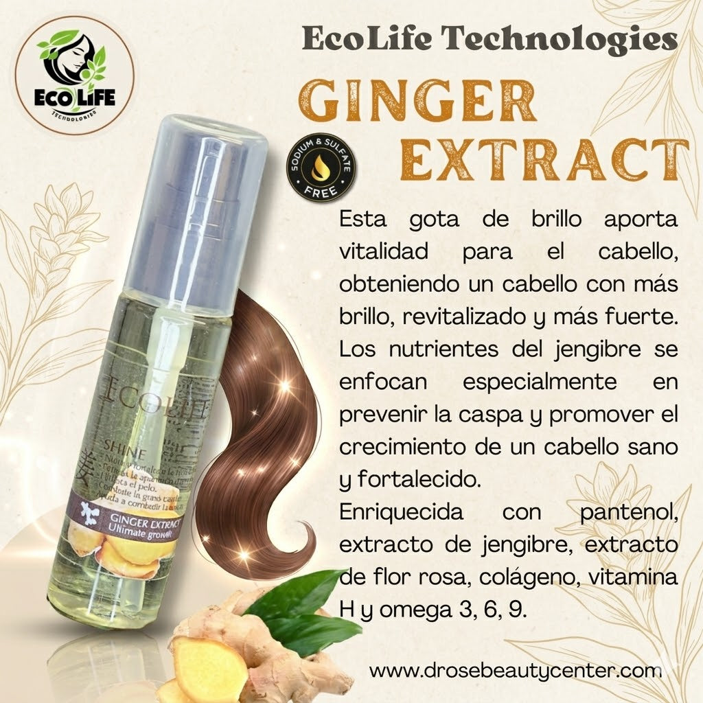 ✨🌿 GOTA DE BRILLO ECOLIFE GINGER EXTRACT 1oz – BRILLO INTENSO + ANTI-FRIZZ + REPARACIÓN INMEDIATA 💆‍♀️🔥