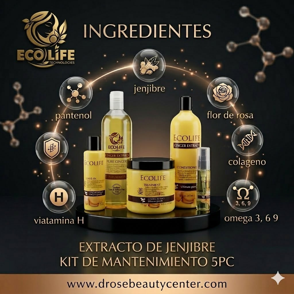 ✨🔥 KIT ANTICAÍDA ECOLIFE GINGER EXTRACT 5PC + AMPOLLA GRATIS 🌿💆‍♀️