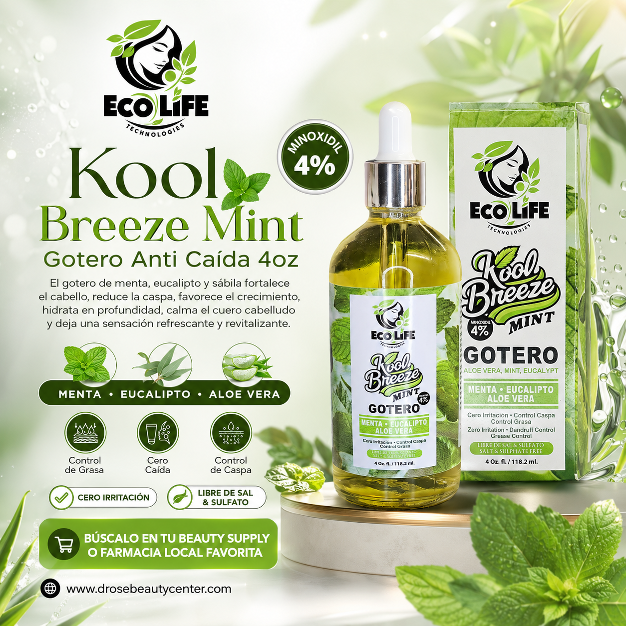 Ecolife Technologies Kool Breeze Mint Gotero Anticaída 4oz Minoxidil 4% ETKBMGA4