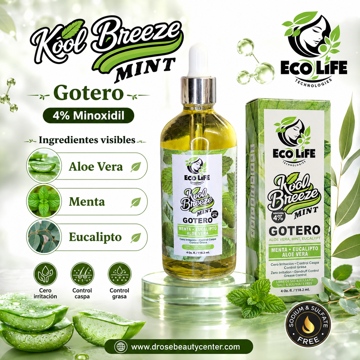 Ecolife Technologies Kool Breeze Mint Gotero Anticaída 4oz Minoxidil 4% ETKBMGA4