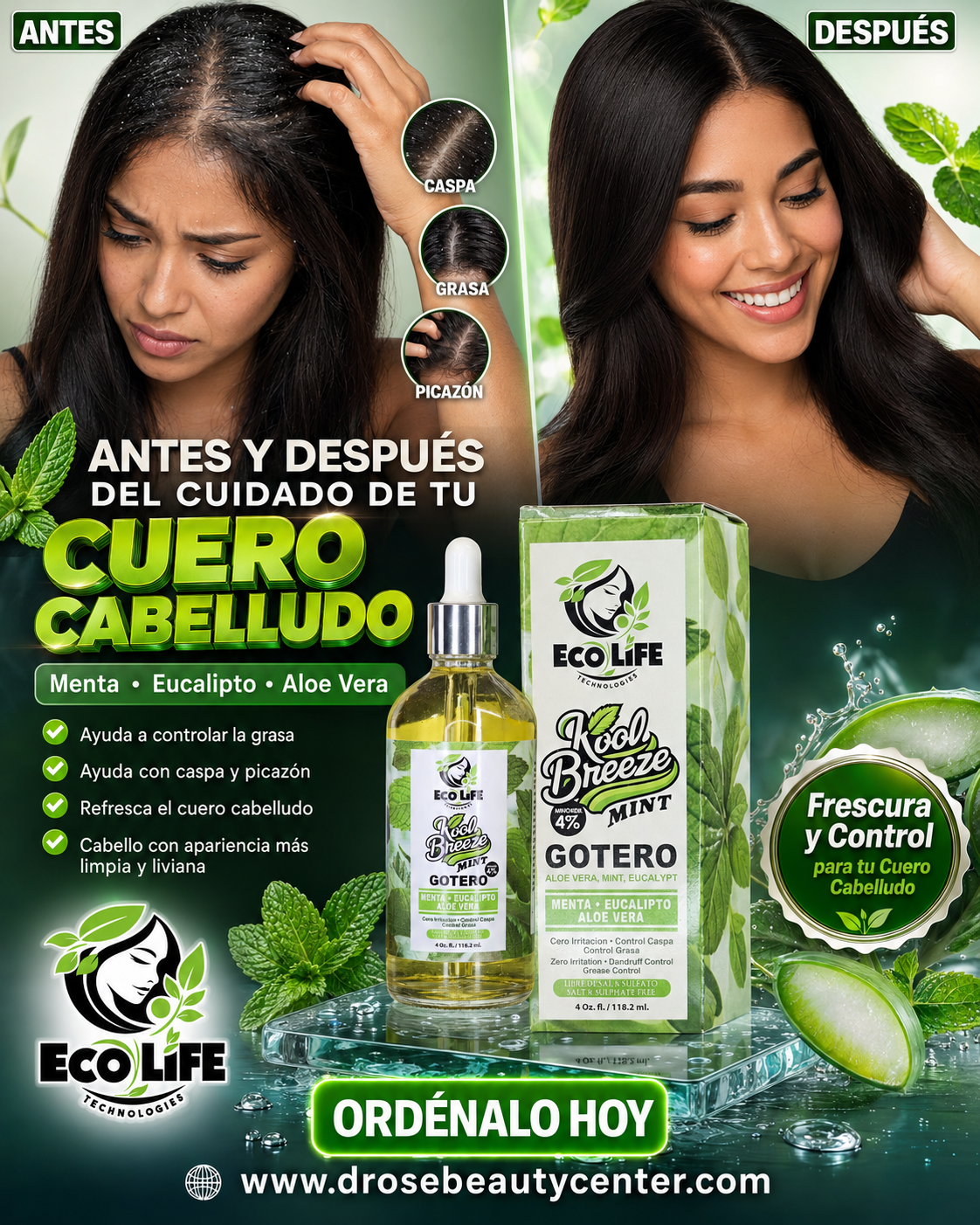 Ecolife Technologies Kool Breeze Mint Gotero Anticaída 4oz Minoxidil 4% ETKBMGA4
