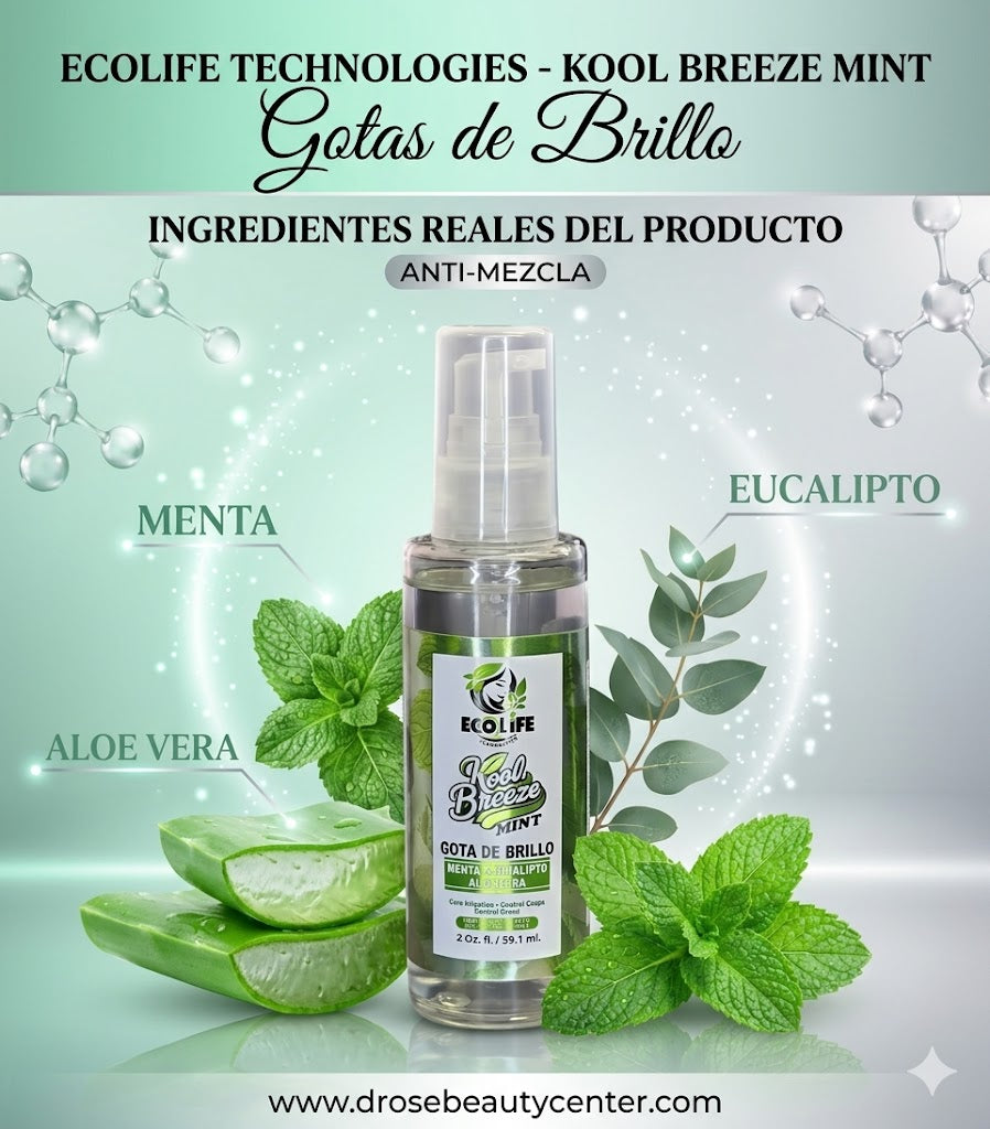 Ecolife Technologies Kool Breeze Mint Gotas de Brillo 2oz ETKBMGB2 – Brillo Capilar con Menta, Eucalipto y Aloe Vera
